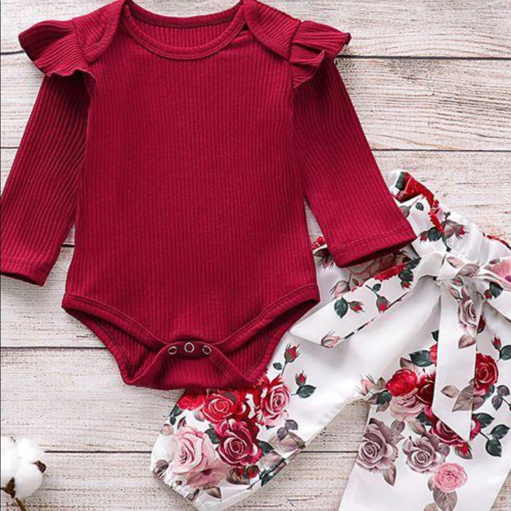 Red onesie and flowered pant